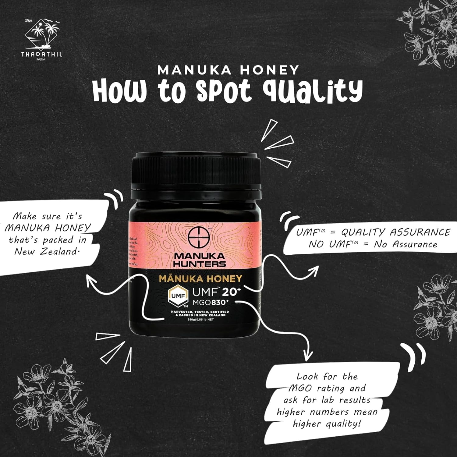 Manuka Honey UMF 20+ (MGO 830+) | 100% Pure Raw UMF Certified New Zealand Mānuka Honey | Premium Medical Grade | Manuka Hunters 250g