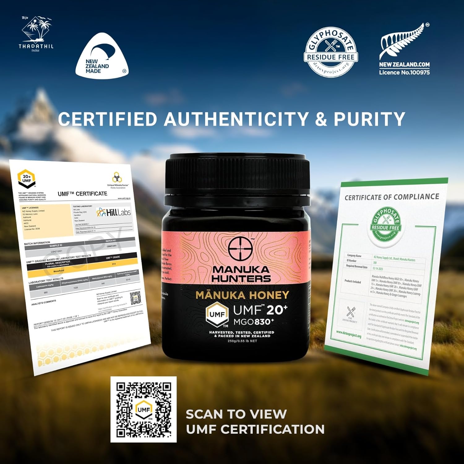 Manuka Honey UMF 20+ (MGO 830+) | 100% Pure Raw UMF Certified New Zealand Mānuka Honey | Premium Medical Grade | Manuka Hunters 250g