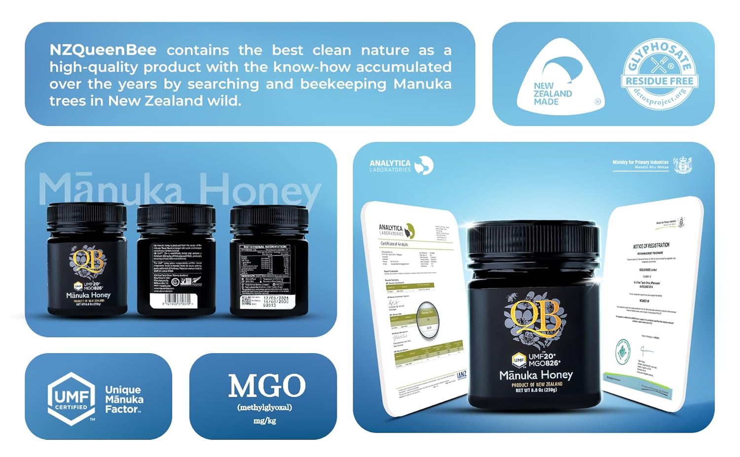 QB Mānuka Honey UMF 20+ (MGO 826+) | 100% Authentic Raw Tested & Certified Medical Grade New Zealand Honey | 250g Jar