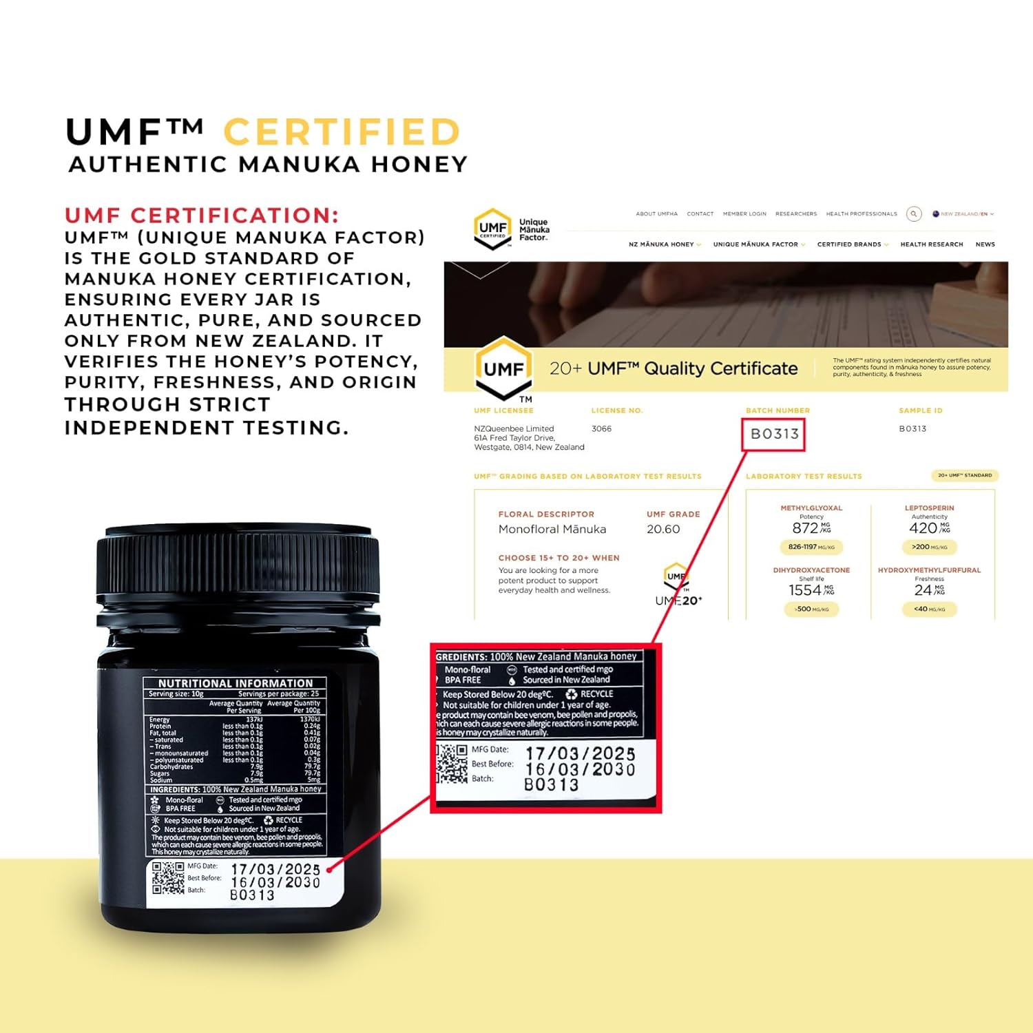 QB Mānuka Honey UMF 20+ (MGO 826+) | 100% Authentic Raw Tested & Certified Medical Grade New Zealand Honey | 250g Jar