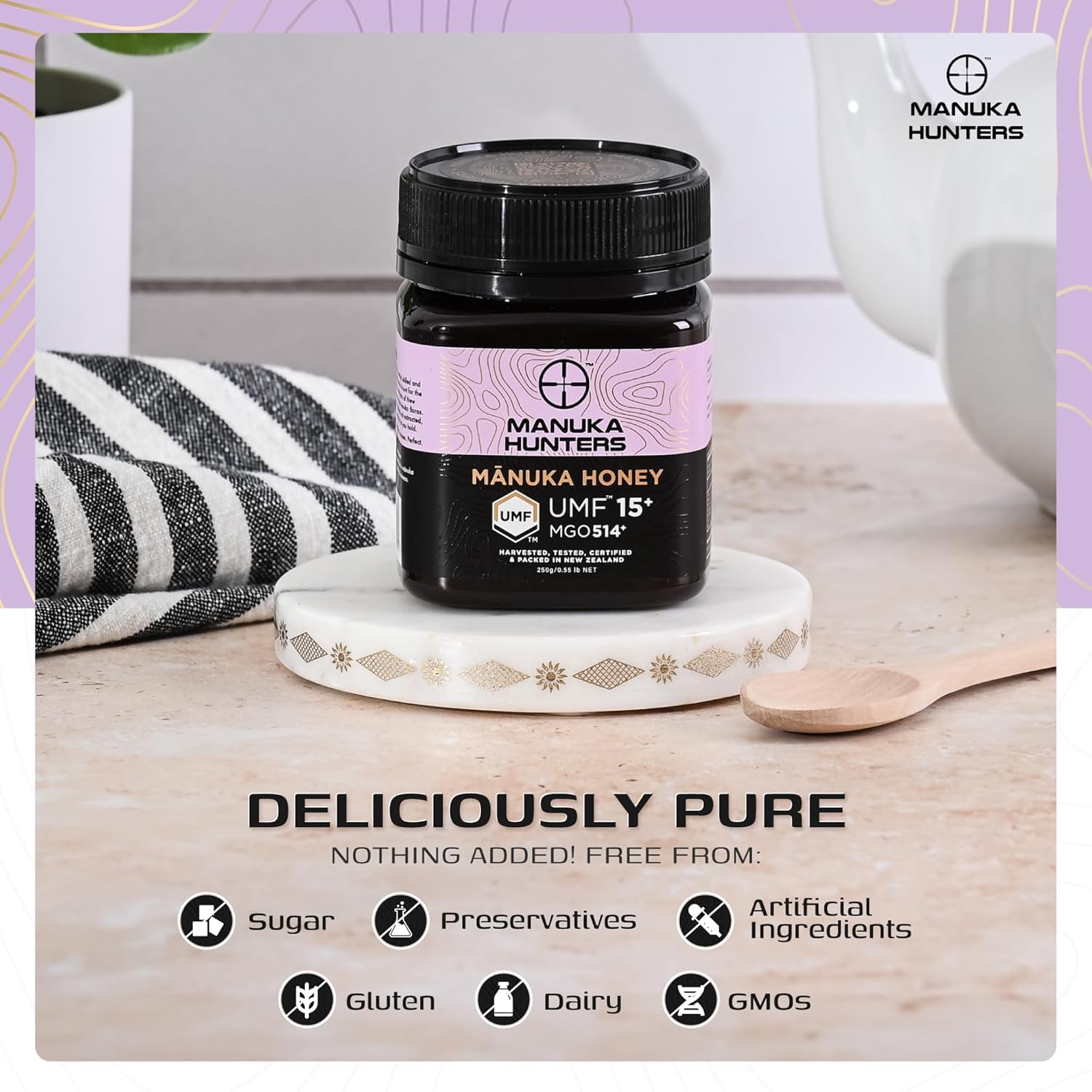Manuka Honey UMF 15 + (MGO 514+) | 100% Pure Raw UMF Certified New Zealand Manuka Honey | Mānuka Hunters 250g Jar