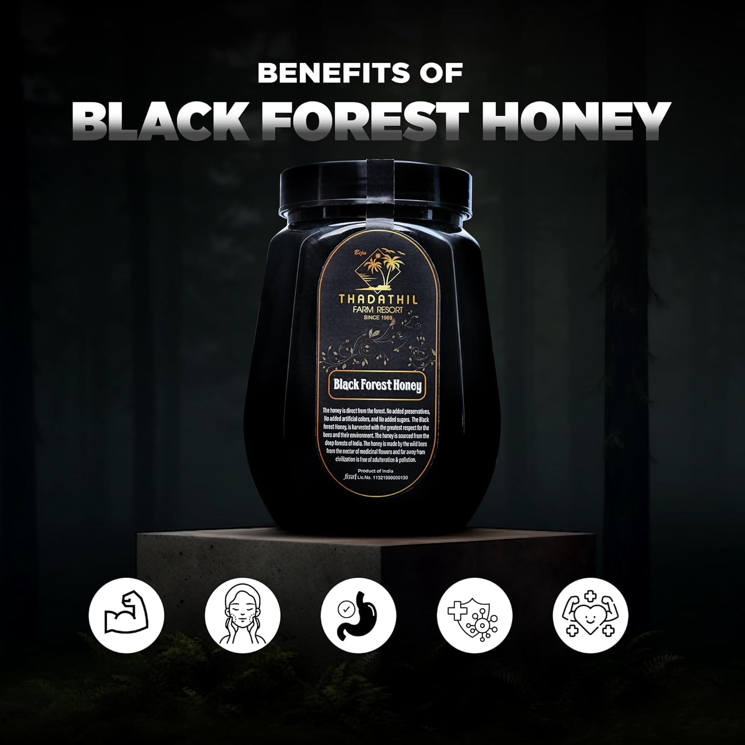 Biju Thadathil Farm Black Forest Honey 500g – Certified Organic by MQA | Organic Forest Honey Without Sugar | Raw, Wild, Unprocessed & Non-Pasteurized | Supports Gut & Skin Health