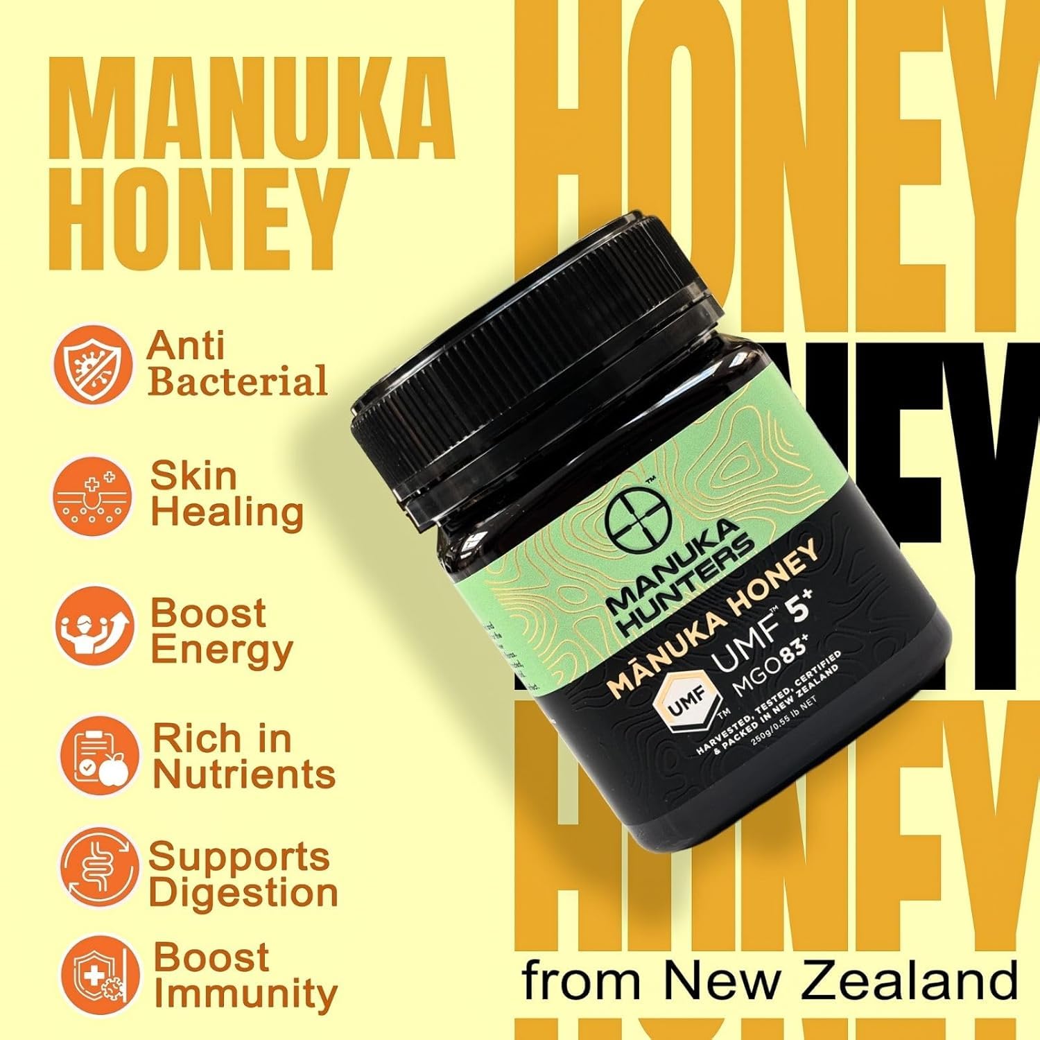 Manuka Honey UMF 5+ (MGO 83+) | 100% Pure Raw UMF Certified New Zealand Honey | Mānuka Hunters 250g Jar