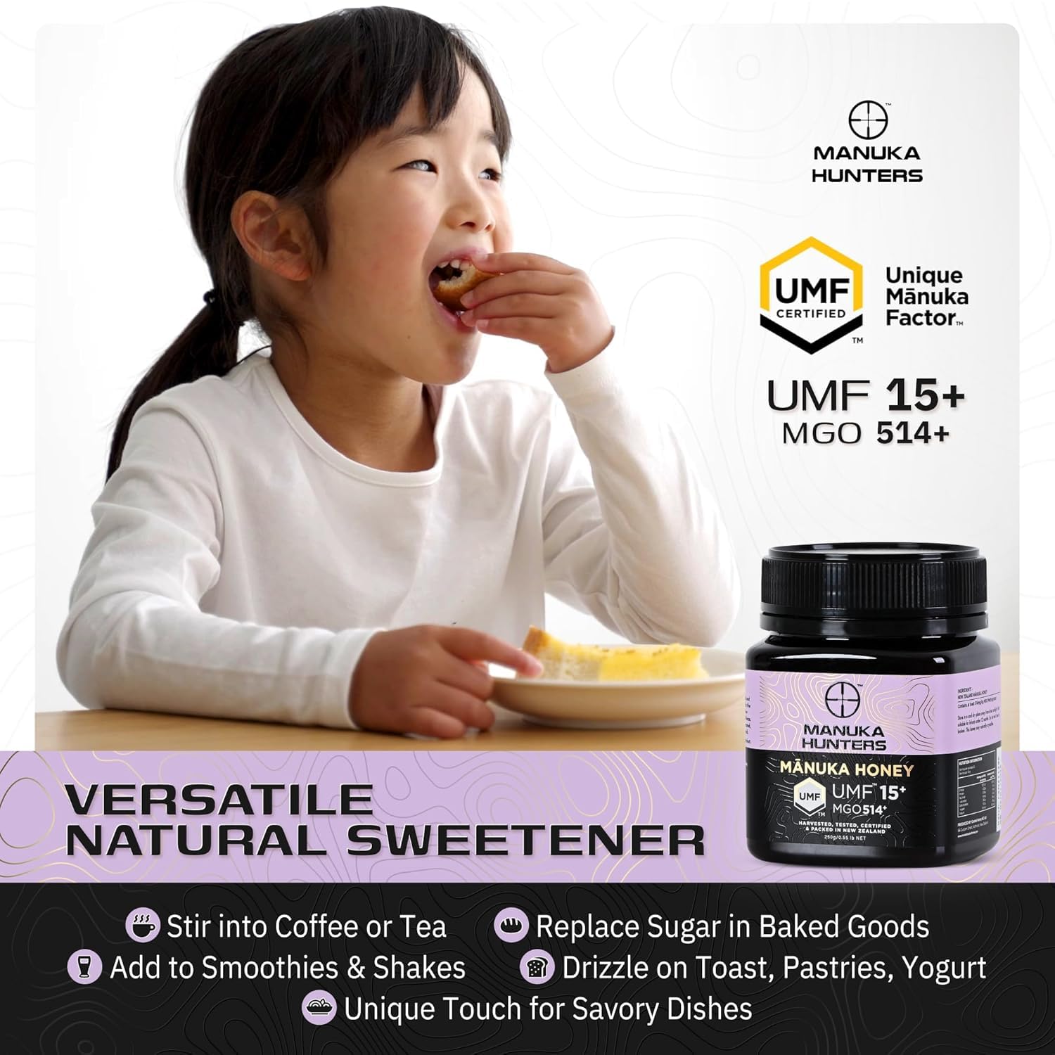 Manuka Honey UMF 15+ (MGO 514+) 250g × 2 | 100% Pure Raw Organic New Zealand Manuka Honey With Wooden Dipper & 3×15g Multiflora Spoon Pack | UMF Certified High MGO | Supports Immunity, Gut Health & Healing