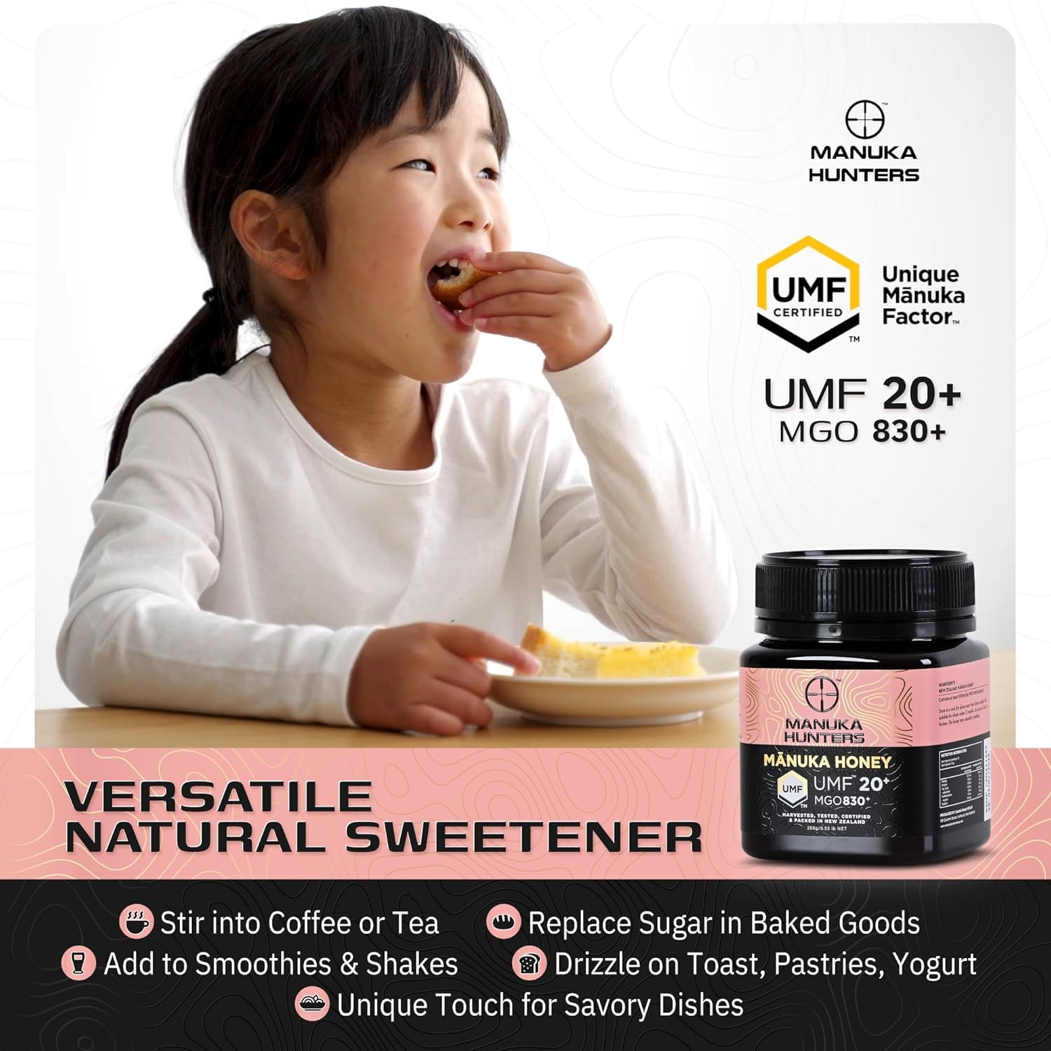 Manuka Honey UMF 20+ (MGO 830+) | 100% Pure Raw UMF Certified New Zealand Mānuka Honey | Premium Medical Grade | Manuka Hunters 250g