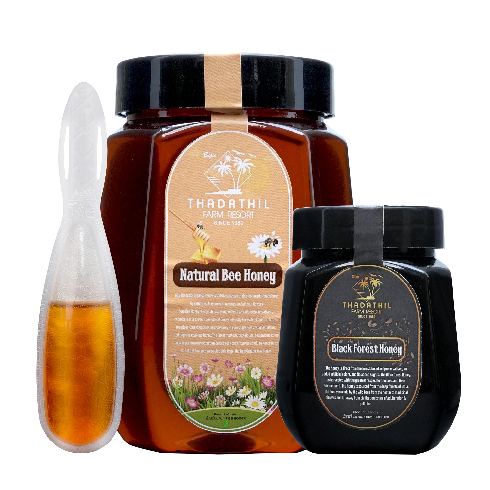 Biju Thadathil Farm | Honey Gift Pack | 100% Pure Bee Honey 1Kg & Black Forest Honey 500g with 15g Multiflora Spoon Pack | Natural, Raw, Unprocessed & Unheated | Ideal Healthy Gift for Family, Corporate & Festive & Christmas Hampers
