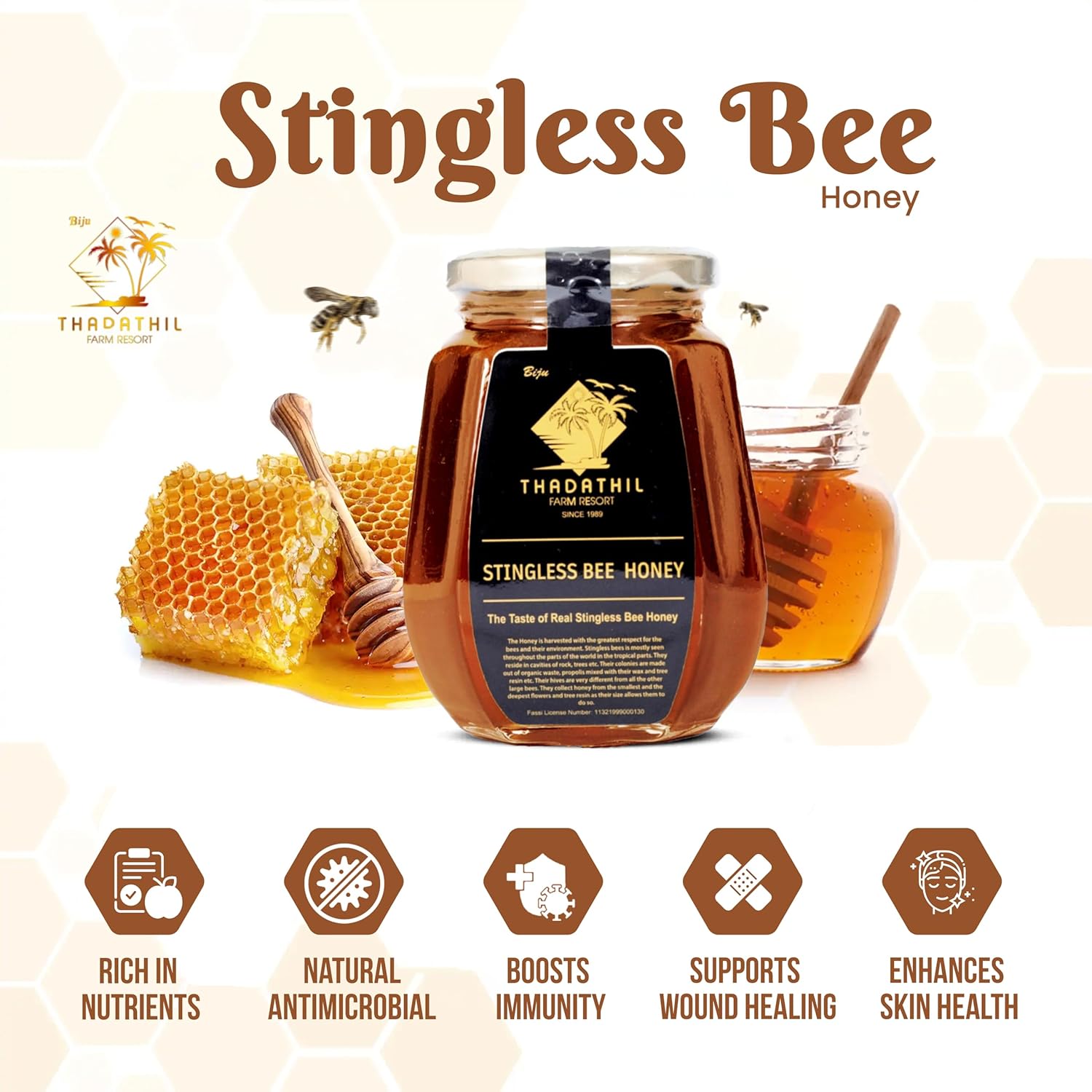 Biju Thadathil Farm Stingless Bee Honey 250 g | Raw & Pure Kerala Small Bee Honey | Original Cheruthen for Immunity, Skin, Throat & Everyday Health