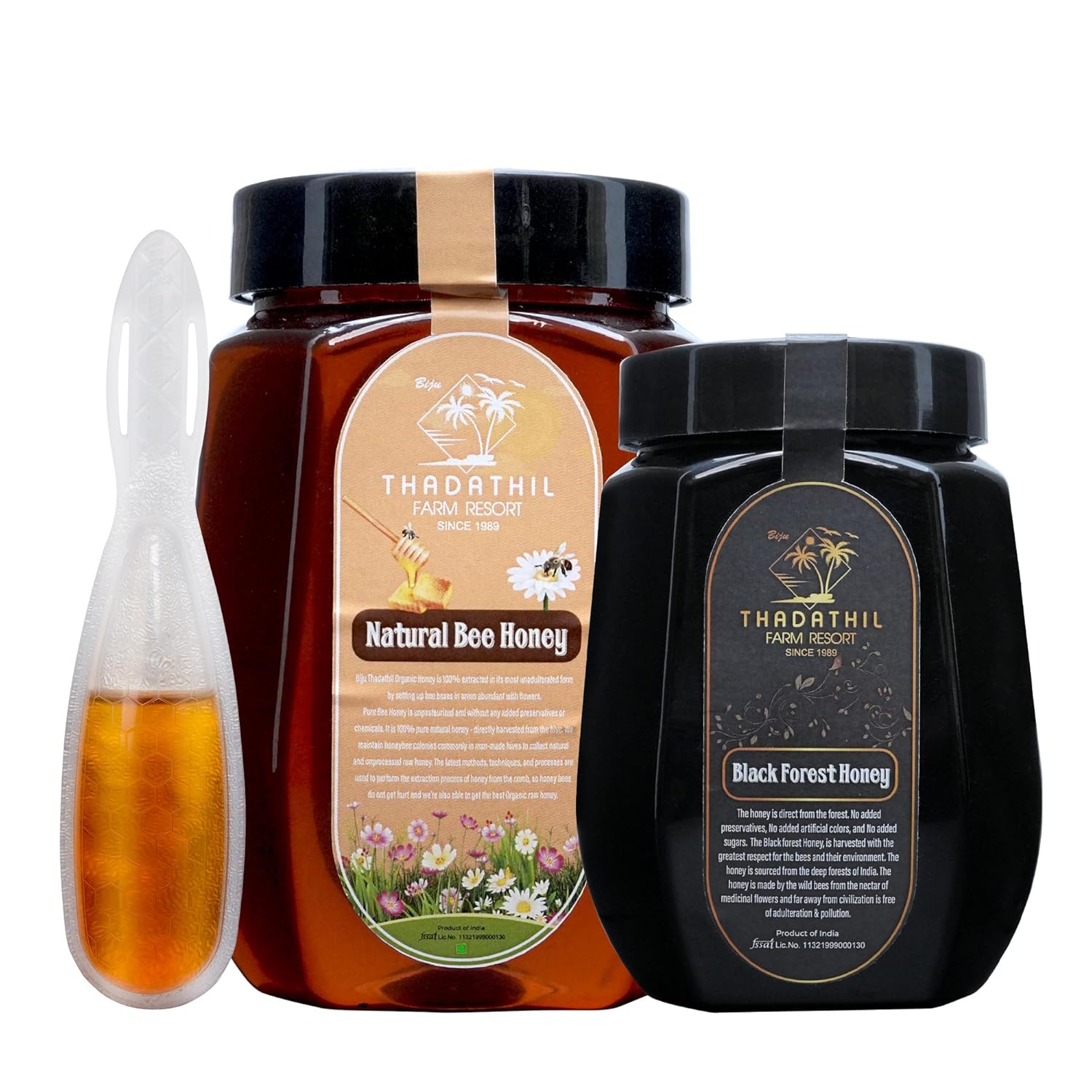 Biju Thadathil Farm | Honey Gift Pack | 100% Pure Bee Honey 1Kg & Black Forest Honey 500g with 15g Multiflora Spoon Pack | Natural, Raw, Unprocessed & Unheated | Ideal Healthy Gift for Family, Corporate & Festive & Christmas Hampers