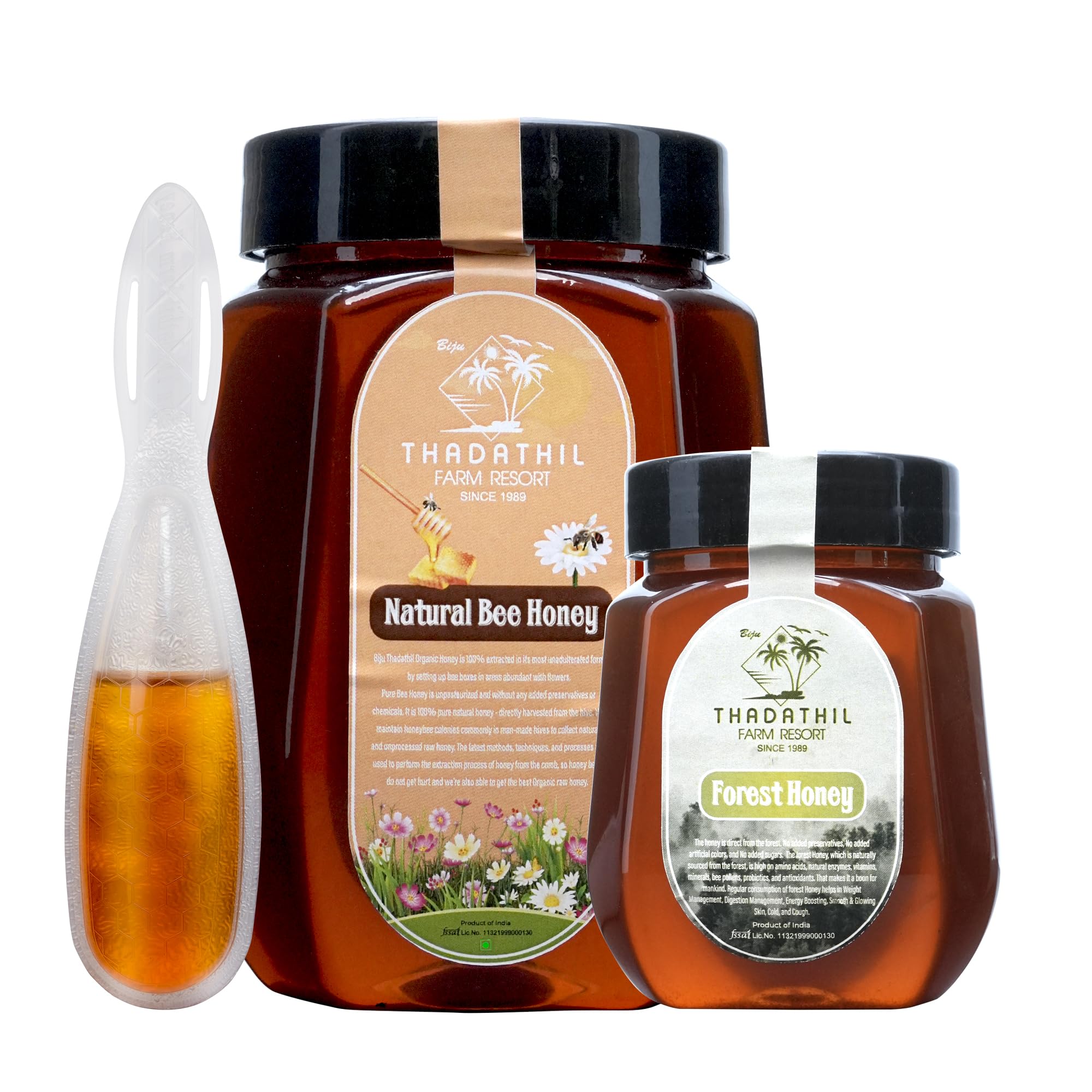 Biju Thadathil Farm | Honey Gift Pack | 100% Pure Bee Honey 1Kg & Black Forest Honey 500g with 15g Multiflora Spoon Pack | Natural, Raw, Unprocessed & Unheated | Ideal Healthy Gift for Family, Corporate & Festive & Christmas Hampers