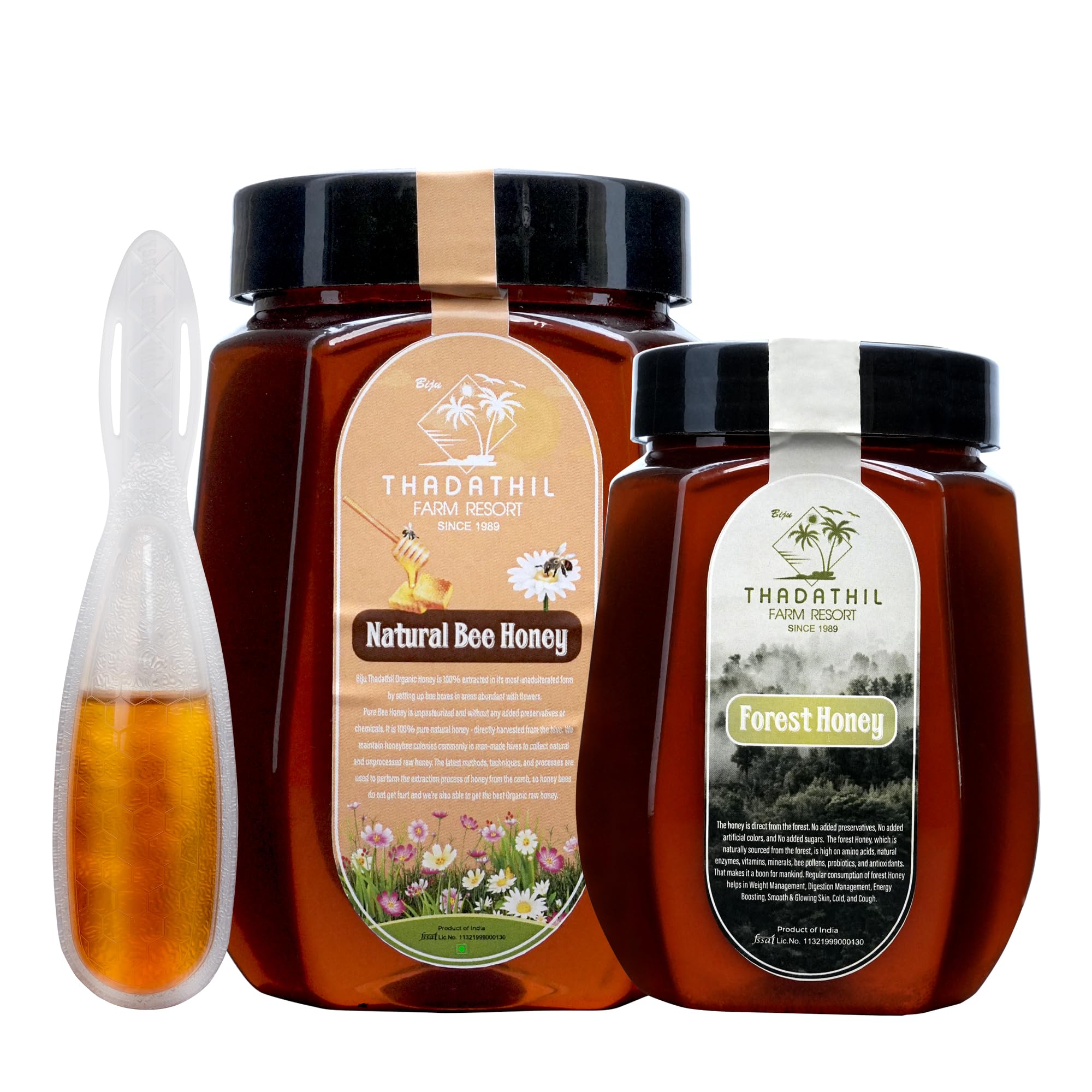 Biju Thadathil Farm | Honey Gift Pack | 100% Pure Bee Honey 1Kg & Black Forest Honey 500g with 15g Multiflora Spoon Pack | Natural, Raw, Unprocessed & Unheated | Ideal Healthy Gift for Family, Corporate & Festive & Christmas Hampers