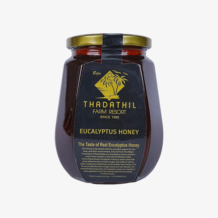Biju Thadathil Farm Eucalyptus Honey – Raw, Organic Mono-Floral Honey from Nilgiri Forests | Certified by MQA | Unprocessed, Unpasteurized & Sugar-Free | 500g Glass Jar | Since 1989