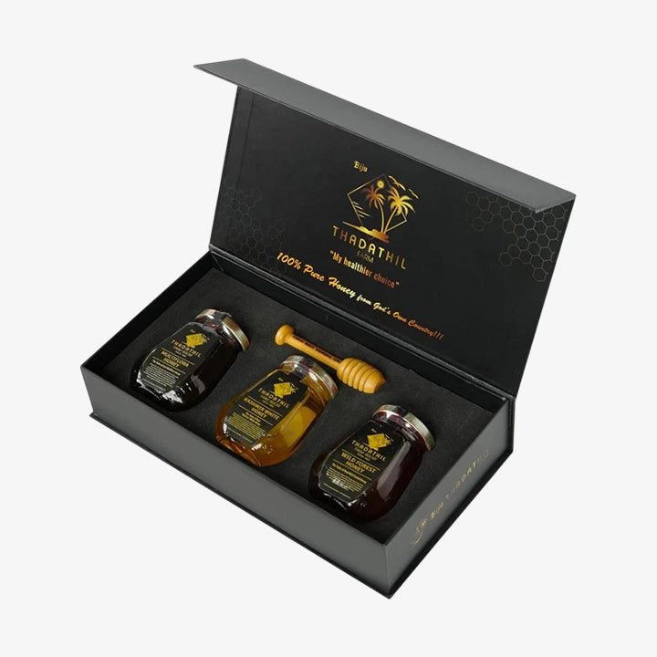 Biju Thadathil Farm Gift Hamper | Premium Honey Combo Pack of 3 – Kashmir White, Wild Forest & Multiflora (250g Each) with Wooden Dipper | Festive Gift for Family, Friends & Corporate Employees | Raw, Pure & Organic Honey (Copy)