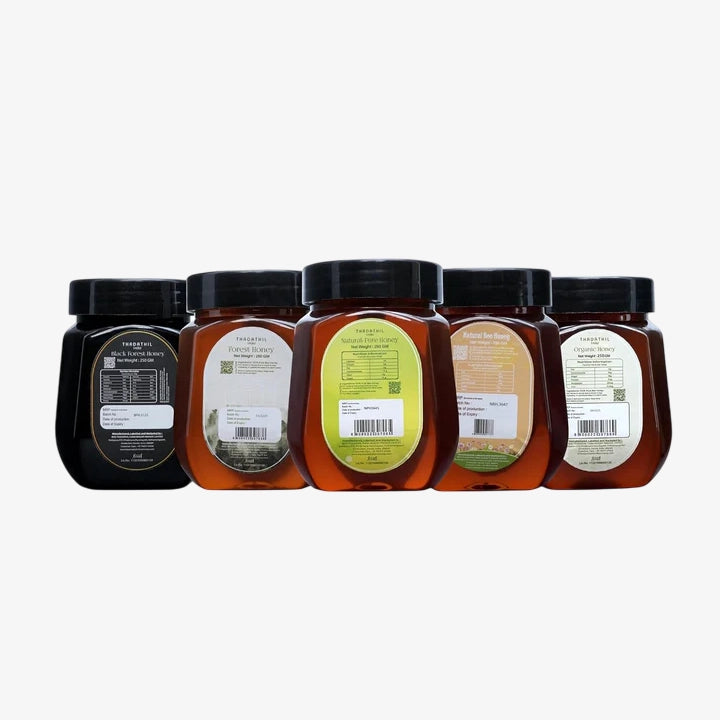 Biju Thadathil Farm Honey Combo Set (250g x 5 Jars) | Black Forest, Organic, Natural Pure, Bee Honey & Forest | 100% Pure, Raw & Natural