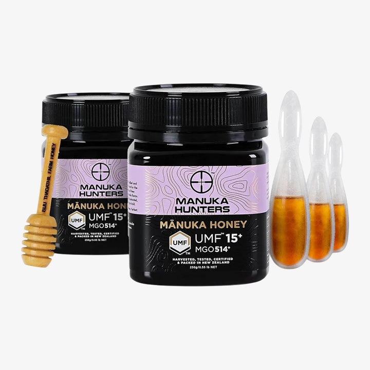 Manuka Honey UMF 15+ (MGO 514+) 250g × 2 | 100% Pure Raw Organic New Zealand Manuka Honey With Wooden Dipper & 3×15g Multiflora Spoon Pack | UMF Certified High MGO | Supports Immunity, Gut Health & Healing