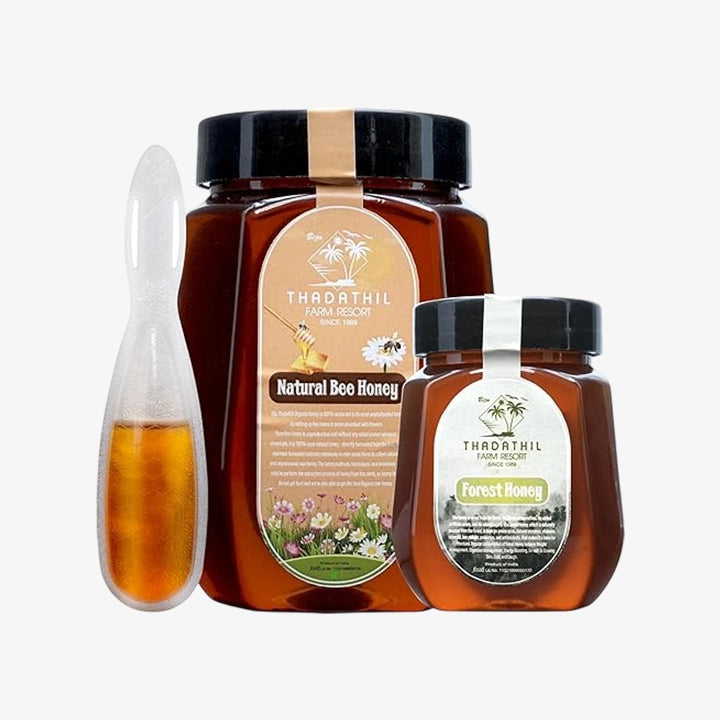 Biju Thadathil Farm | Honey Gift Pack | 100% Pure Bee Honey 1Kg & Black Forest Honey 500g with 15g Multiflora Spoon Pack | Natural, Raw, Unprocessed & Unheated | Ideal Healthy Gift for Family, Corporate & Festive & Christmas Hampers