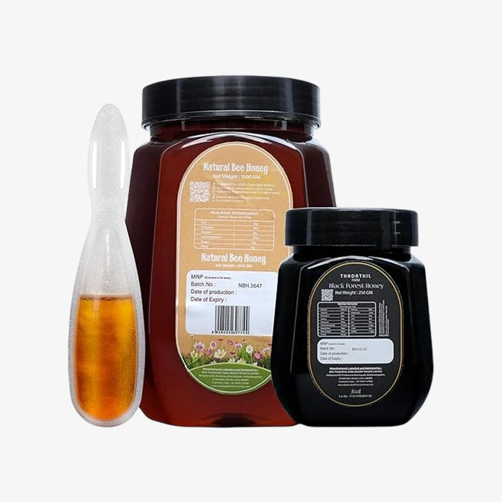 Biju Thadathil Farm | 100% Pure Raw Honey Gift Pack | Natural Bee & Black Forest Honey Combo 1.25Kg with 15g Multiflora Spoon | Unprocessed & Unheated Honey | Perfect Healthy Christmas & Festive Gift Set