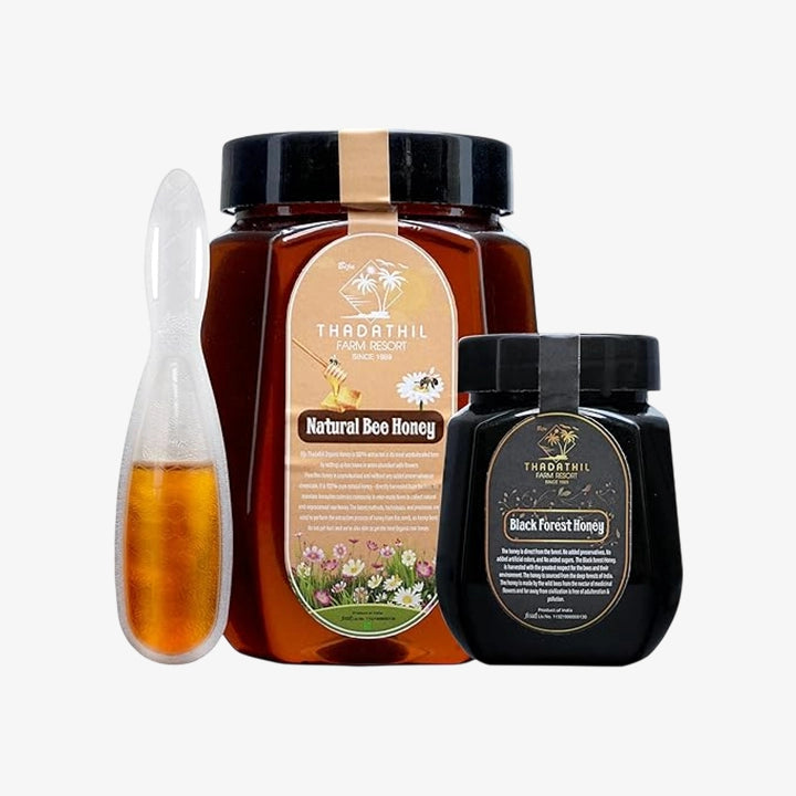 Biju Thadathil Farm | 100% Pure Raw Honey Gift Pack | Natural Bee & Black Forest Honey Combo 1.25Kg with 15g Multiflora Spoon | Unprocessed & Unheated Honey | Perfect Healthy Christmas & Festive Gift Set