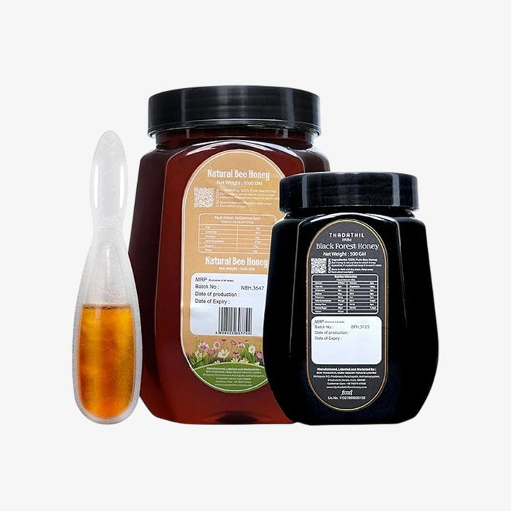Biju Thadathil Farm | Honey Gift Pack | 100% Pure Bee Honey 1Kg & Black Forest Honey 500g with 15g Multiflora Spoon Pack | Natural, Raw, Unprocessed & Unheated | Ideal Healthy Gift for Family, Corporate & Festive & Christmas Hampers