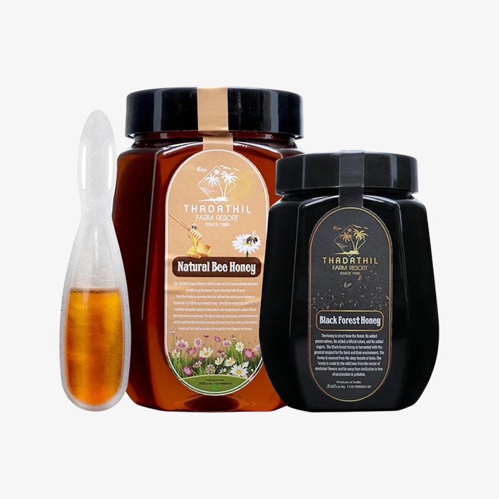 Biju Thadathil Farm | 100% Pure Raw Honey Gift Pack | Natural Bee & Black Forest Honey Combo 1.25Kg with 15g Multiflora Spoon | Unprocessed & Unheated Honey | Perfect Healthy Christmas & Festive Gift Set